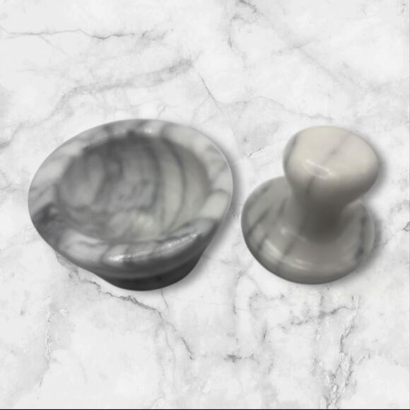 Marble Mushroom Mortar and Pestle in Gray and White Marble 4” Round 4” T - Picture 3 of 5